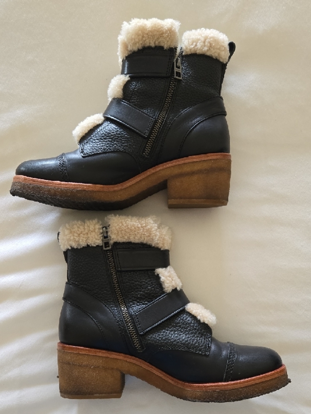 Coach Black Leather Ankle Boots with Cream Shearling Trim - Picture 2 of 6